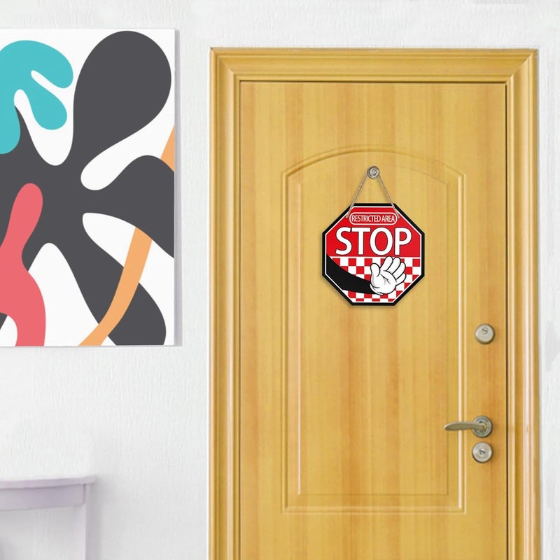 Deroro Restricted Area Stop Front Door Sign, Red Octagon Warning Notice Sign Wood Door Hanger Outdoor Outside Decor, Wooden Wreath Indoor Home Office Business Wall Hanging Decoration - Image 4